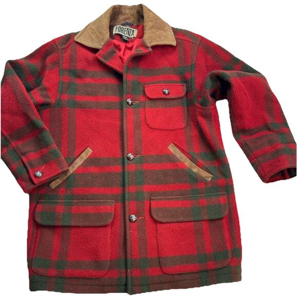 Forenza Jackets & Blazers - vtg‎ Forenza  Women's  4 Red plaid Wool Coat  80s/90s Wood Buttons Suede Collar